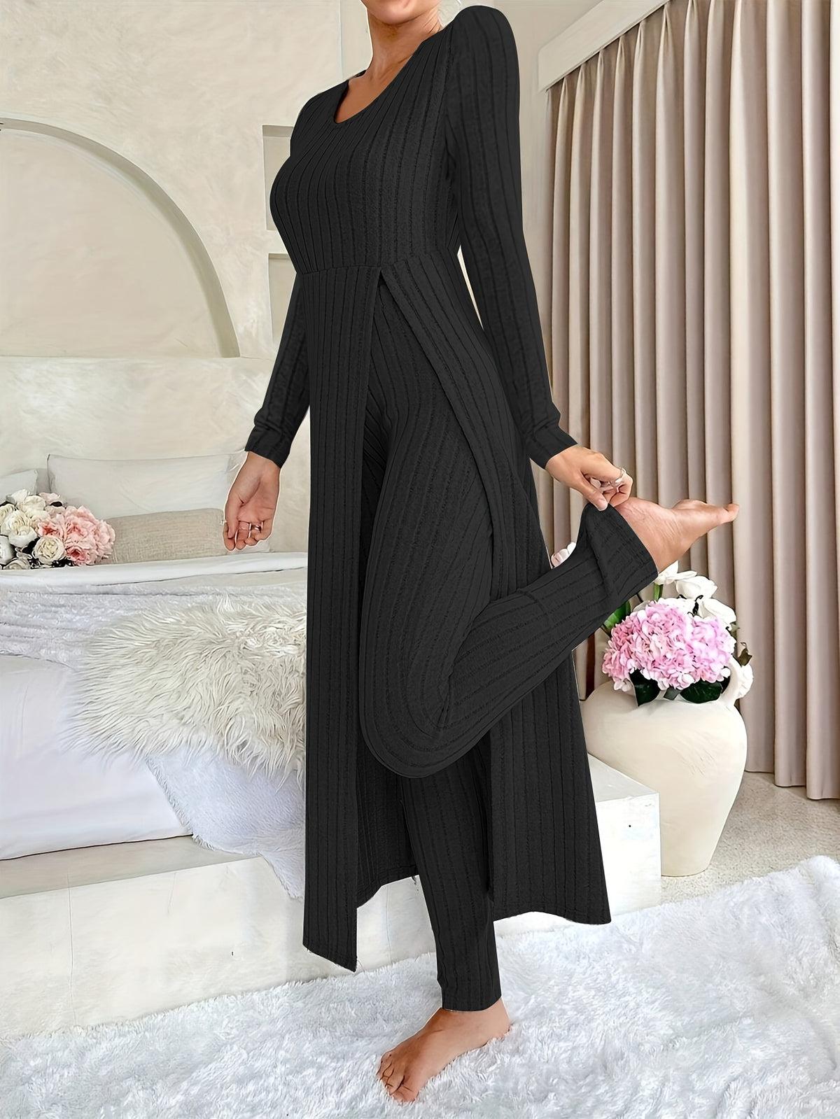 [Designer Ribbed Set] Women's Ribbed 2pcs Set | Designer Round Neck Split Long Sleeve Top and Pants for Spring and Autumn