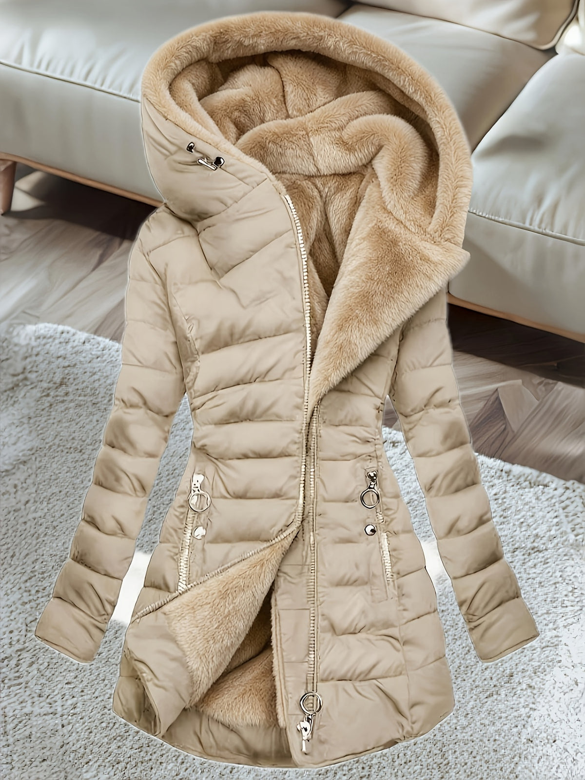 Women's Hooded Coat, Winter New Mid-Length Fleece-Lined Warm Loose, Selected Premium Fabric, Lightweight Warm Fashion Design, Contouring Fit, Suitable for Various Occasions, Whether Urban Commute Or Outdoor Leisure, Showcasing Your Unique Charm