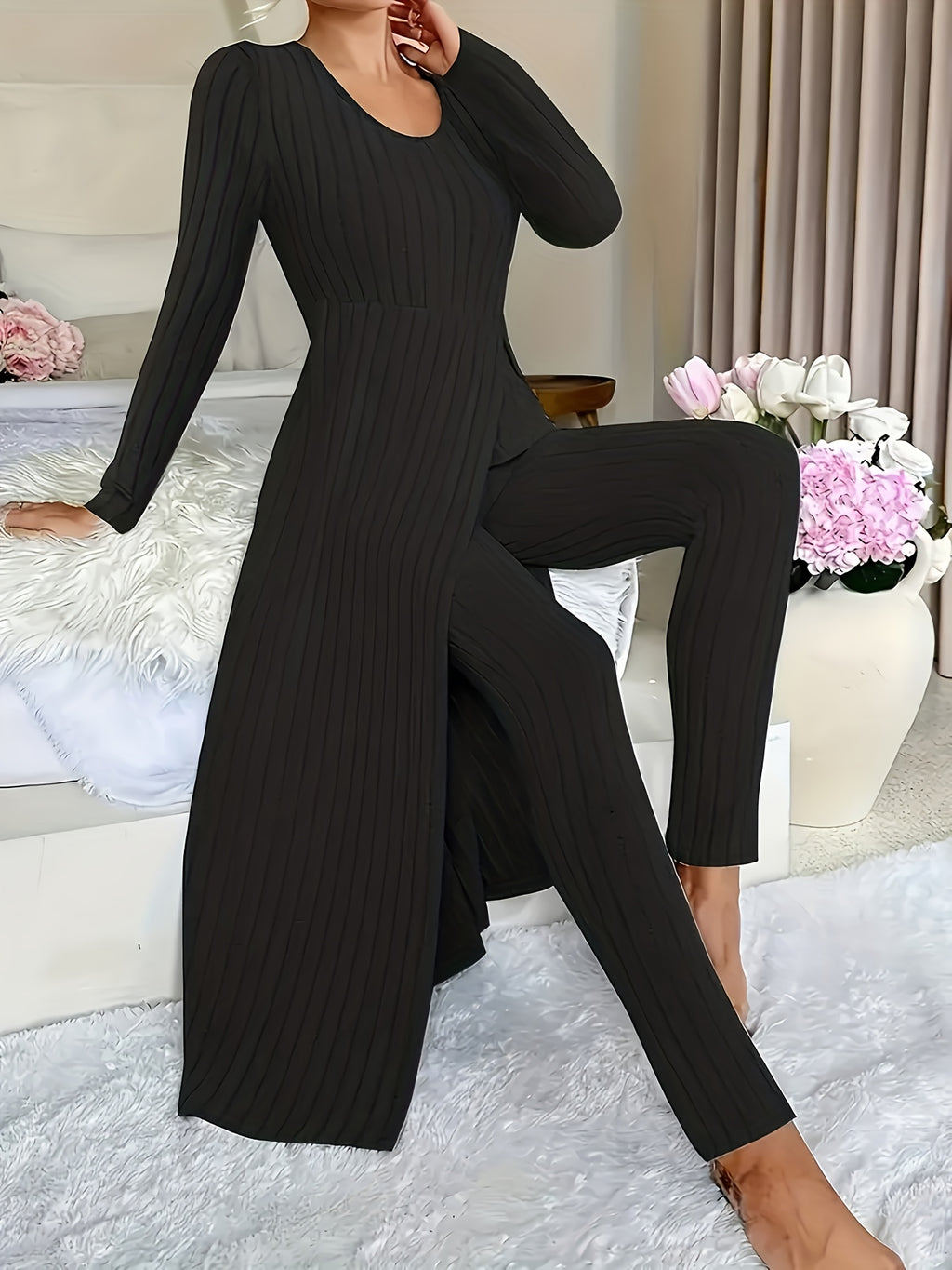 Autumn-Winter Casual Robe and Long Pants Set, High Slit Dress Set, Hair Needle Material, Suitable for Daily Wear, Home Casual Wear