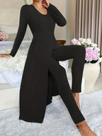 Autumn-Winter Casual Robe and Long Pants Set, High Slit Dress Set, Hair Needle Material, Suitable for Daily Wear, Home Casual Wear