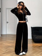Spring/Summer Black Rhinestone Decorated Hooded Zipper Top and Pocket Pants Women's Casual Suit