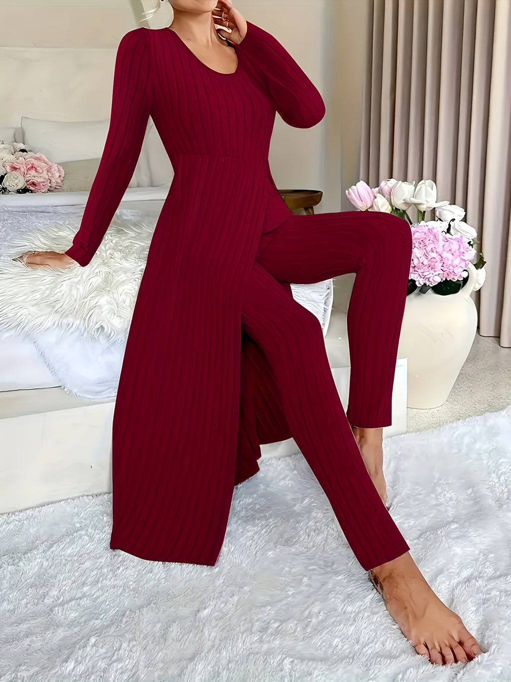 Autumn-Winter Casual Robe and Long Pants Set, High Slit Dress Set, Hair Needle Material, Suitable for Daily Wear, Home Casual Wear