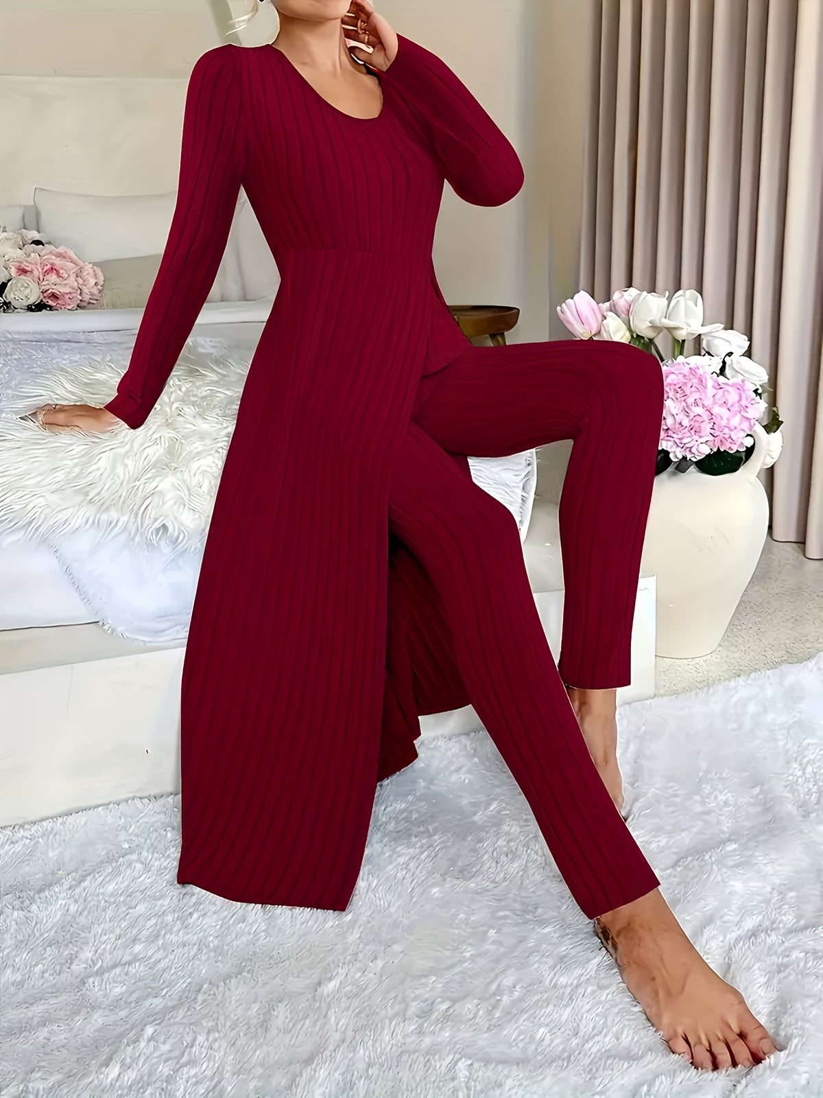 Autumn-Winter Casual Robe and Long Pants Set, High Slit Dress Set, Hair Needle Material, Suitable for Daily Wear, Home Casual Wear
