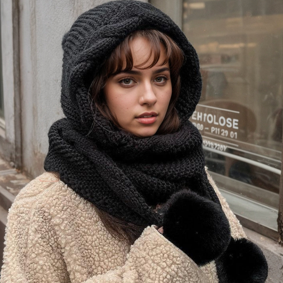 Autumn 1pc 3pcs Pom-Pom Additions Yarn Fleece Hat Women Winter All-Match Scarf All-In-One Hat Cute Pom-Pom Ear Protection Thick Warm Hat