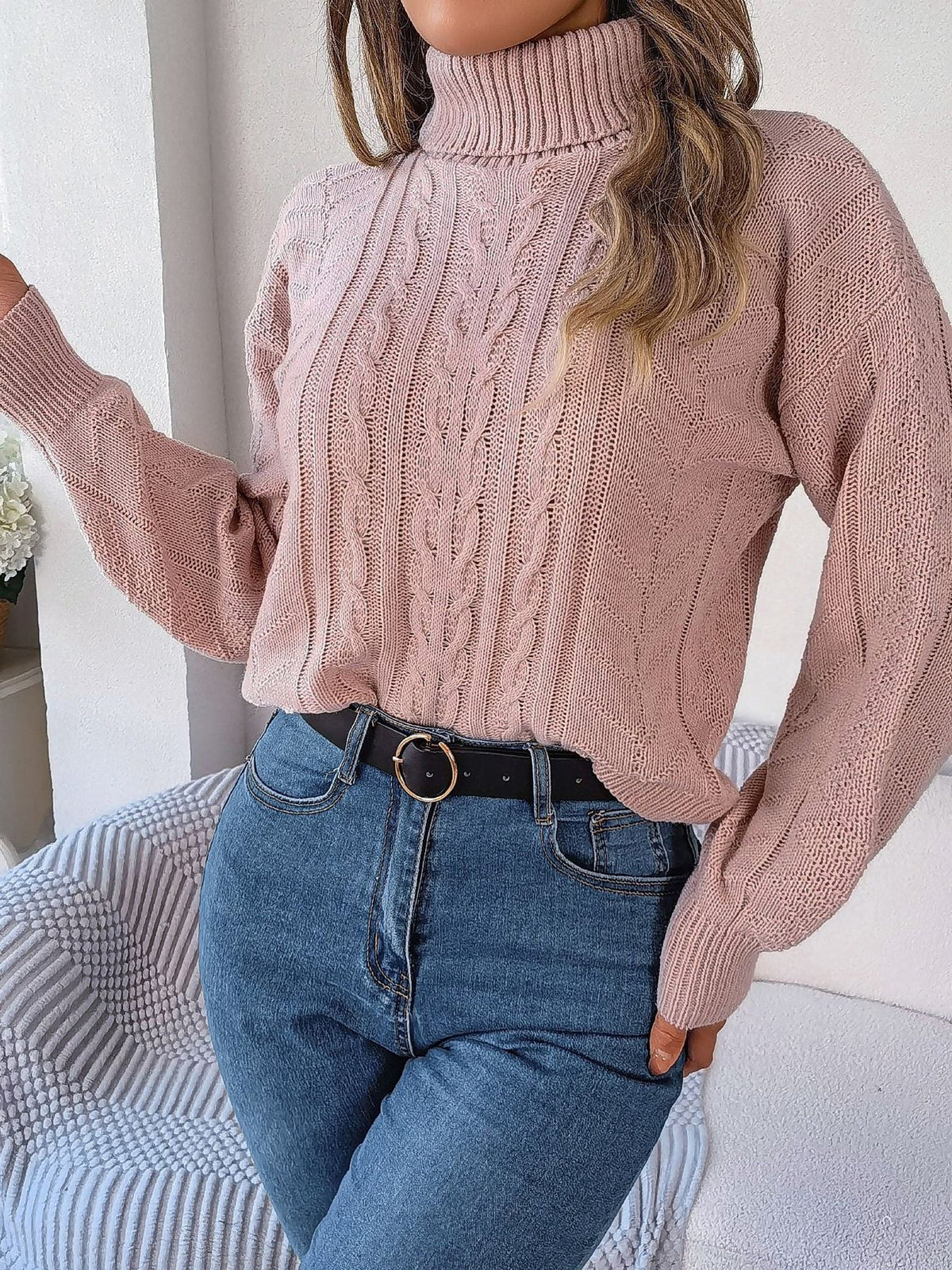 Endellion | Cable Knit Turtleneck Sweater with Long Sleeves for Women