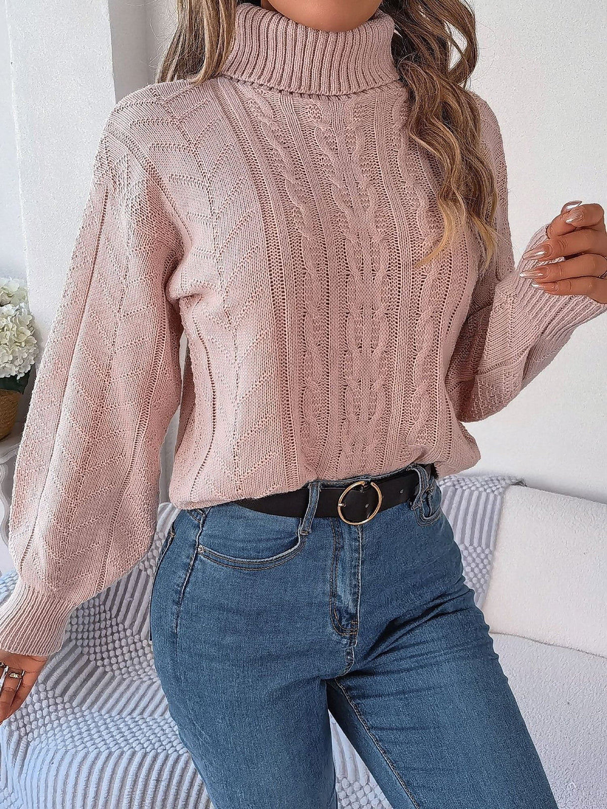 Endellion | Cable Knit Turtleneck Sweater with Long Sleeves for Women
