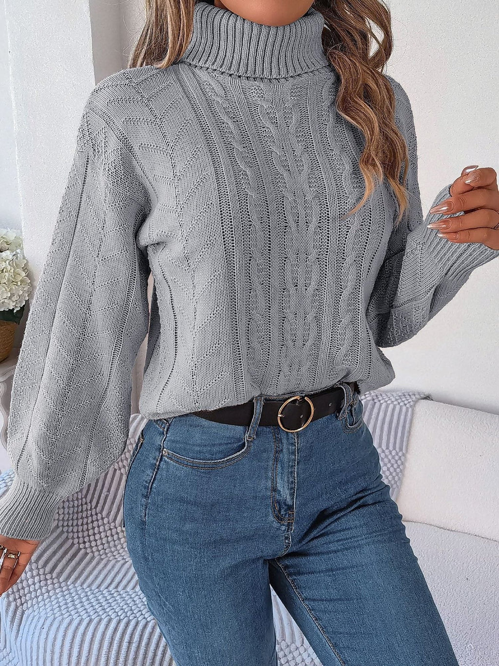 Endellion | Cable Knit Turtleneck Sweater with Long Sleeves for Women