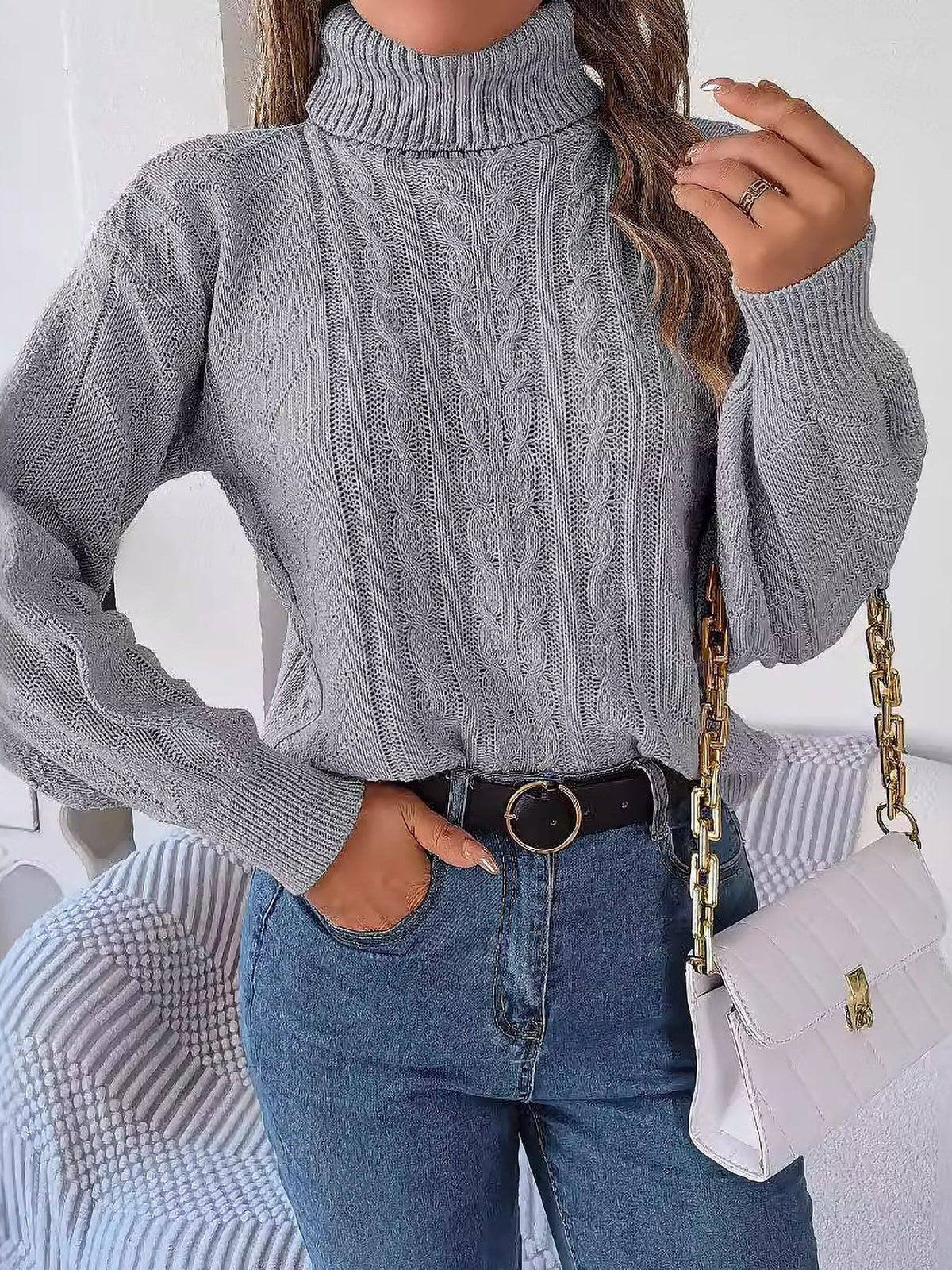 Endellion | Cable Knit Turtleneck Sweater with Long Sleeves for Women