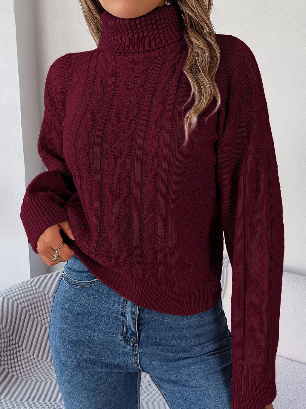 Endellion | Cable Knit Turtleneck Sweater with Long Sleeves for Women