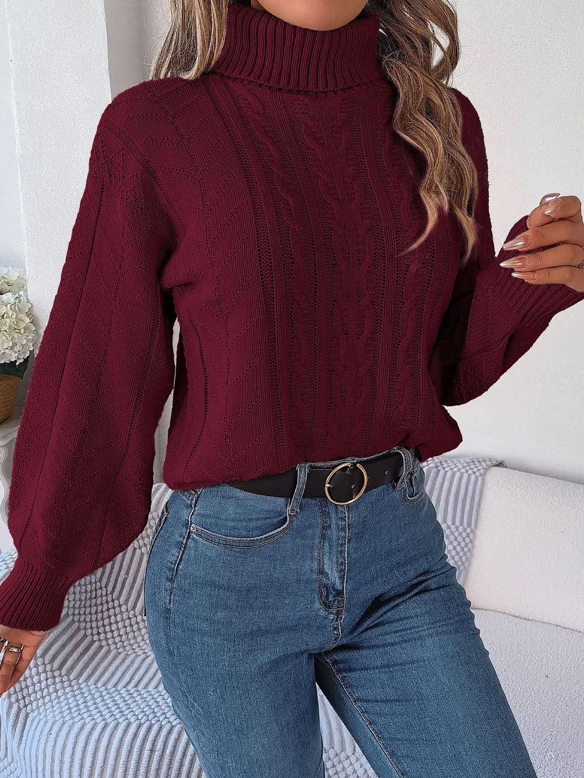 Endellion | Cable Knit Turtleneck Sweater with Long Sleeves for Women
