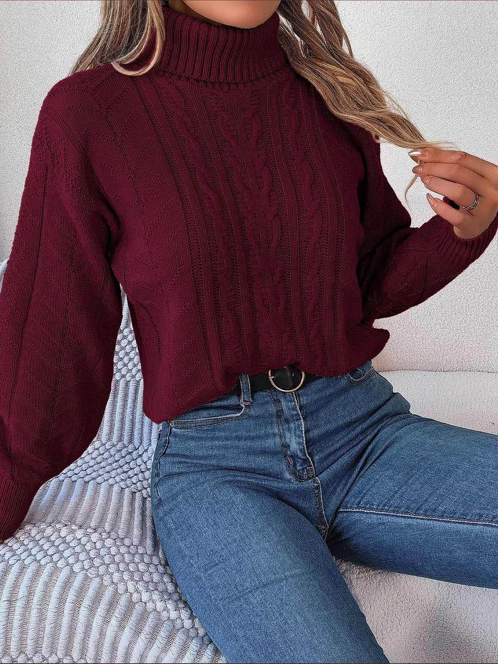 Endellion | Cable Knit Turtleneck Sweater with Long Sleeves for Women