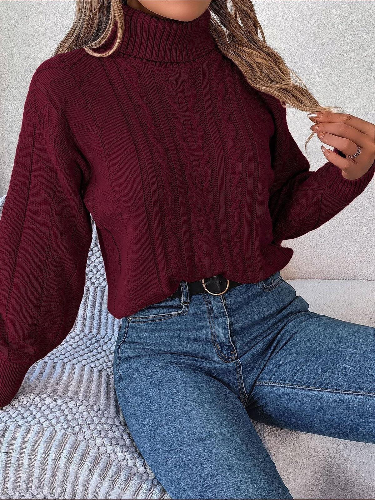 Endellion | Cable Knit Turtleneck Sweater with Long Sleeves for Women