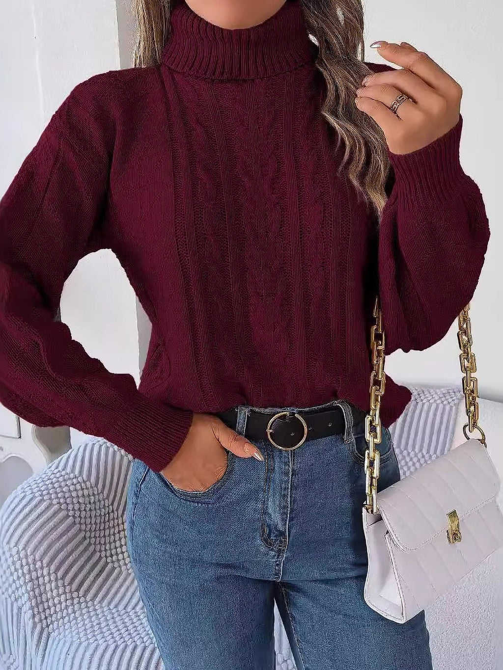 Endellion | Cable Knit Turtleneck Sweater with Long Sleeves for Women