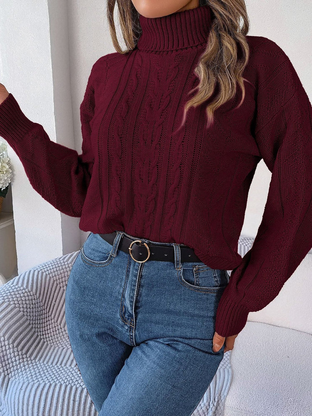 Endellion | Cable Knit Turtleneck Sweater with Long Sleeves for Women