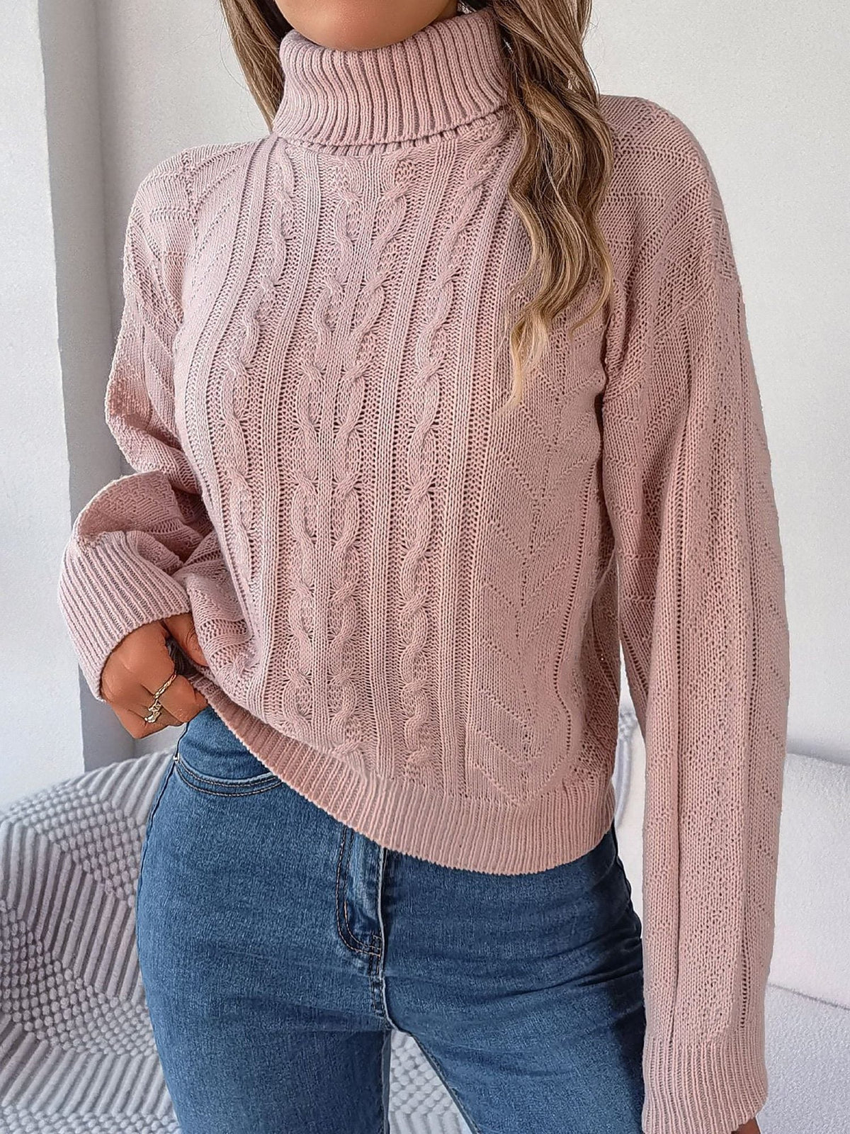 Endellion | Cable Knit Turtleneck Sweater with Long Sleeves for Women