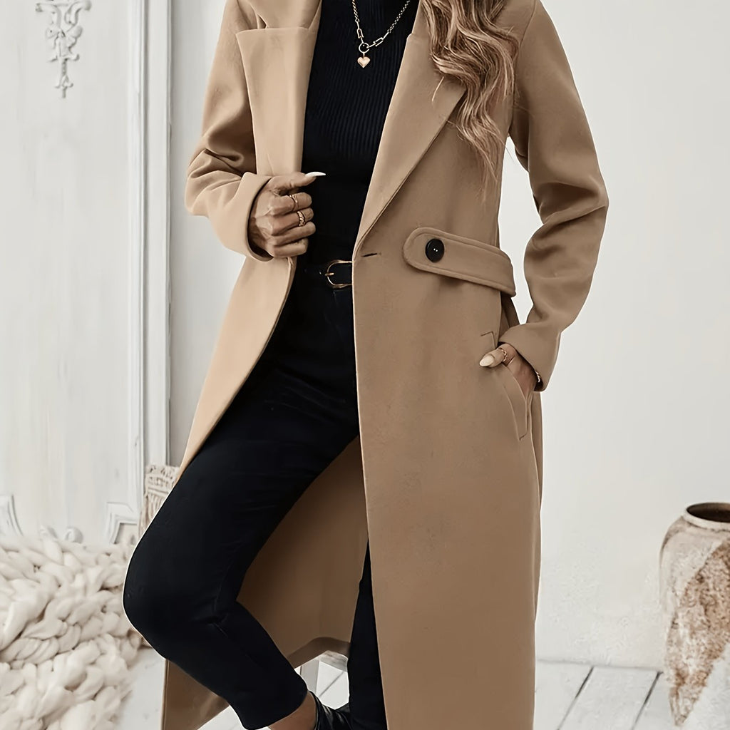 New Autumn/Winter Classic Notched Lapel Long for Women, Waist-Cinching with Tie Belt and Two-Button Design, Over-the-Knee Outerwear, Elegant Commuter Style, Draped and Structured Long-Sleeve with Side Pockets, Simple and Versatile, Slim Fit