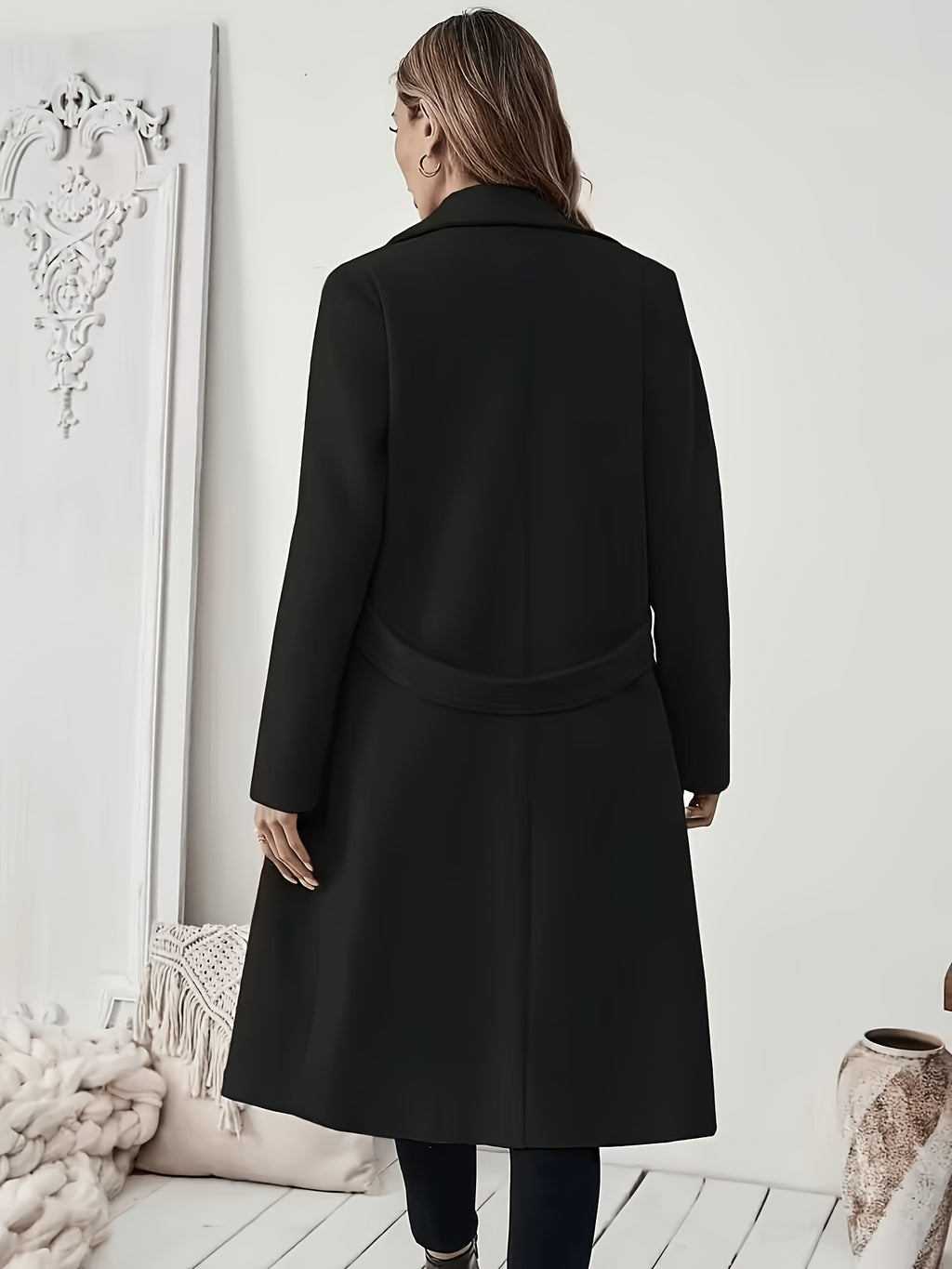 New Autumn/Winter Classic Notched Lapel Long for Women, Waist-Cinching with Tie Belt and Two-Button Design, Over-the-Knee Outerwear, Elegant Commuter Style, Draped and Structured Long-Sleeve with Side Pockets, Simple and Versatile, Slim Fit