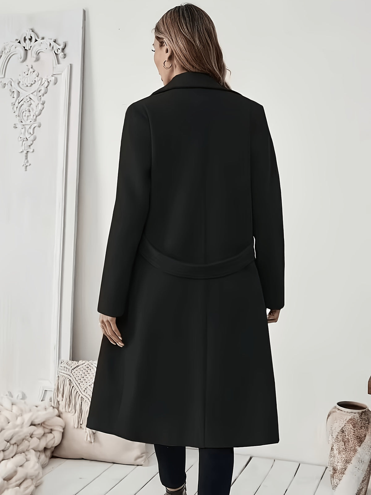 New Autumn/Winter Classic Notched Lapel Long for Women, Waist-Cinching with Tie Belt and Two-Button Design, Over-the-Knee Outerwear, Elegant Commuter Style, Draped and Structured Long-Sleeve with Side Pockets, Simple and Versatile, Slim Fit
