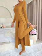 [Designer Ribbed Set] Women's Ribbed 2pcs Set | Designer Round Neck Split Long Sleeve Top and Pants for Spring and Autumn