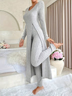 [Designer Ribbed Set] Women's Ribbed 2pcs Set | Designer Round Neck Split Long Sleeve Top and Pants for Spring and Autumn