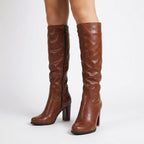 Garance | Block Heel Leather Knee High Boots with Round Toe for Women