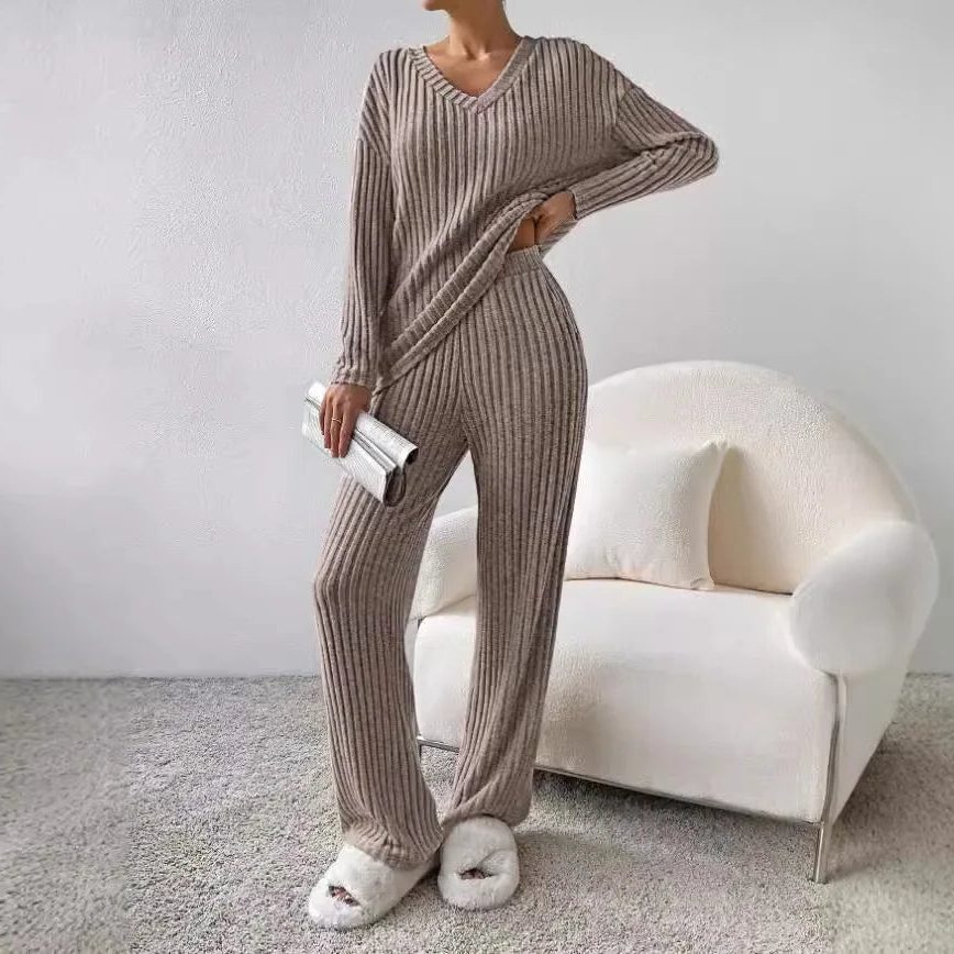 Isabeau | Ribbed Knit V-Neck Sweater Set with Long Sleeves for Women