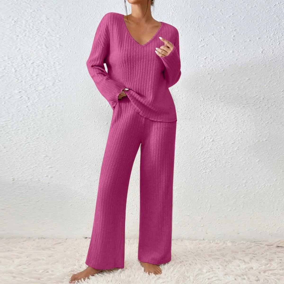 Isabeau | Ribbed Knit V-Neck Sweater Set with Long Sleeves for Women