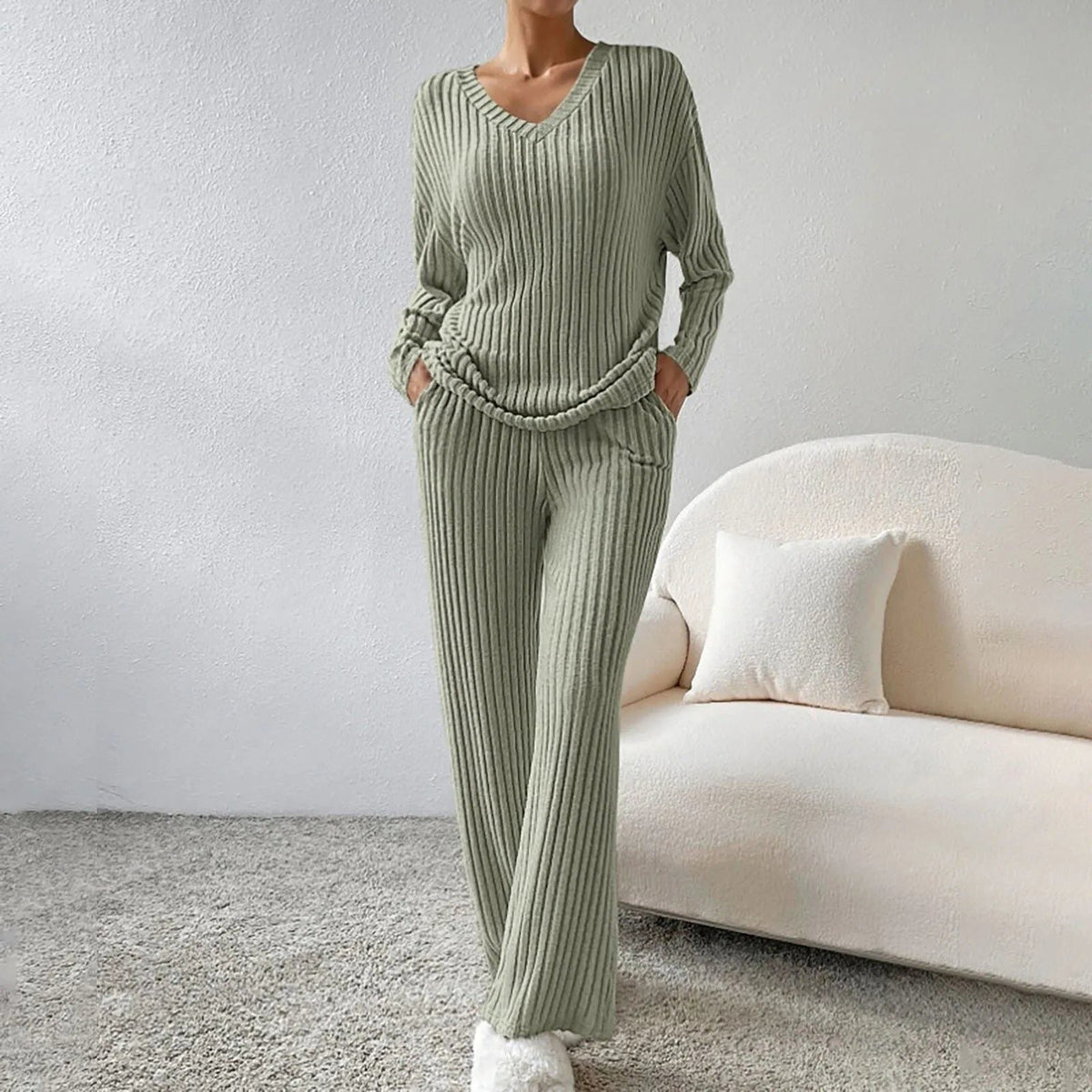 Isabeau | Ribbed Knit V-Neck Sweater Set with Long Sleeves for Women