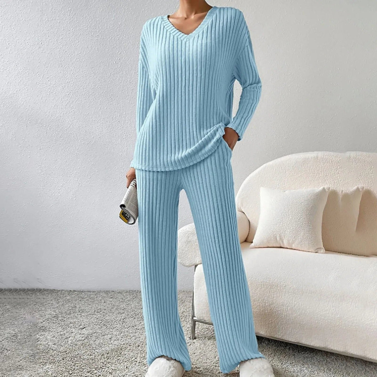 Isabeau | Ribbed Knit V-Neck Sweater Set with Long Sleeves for Women
