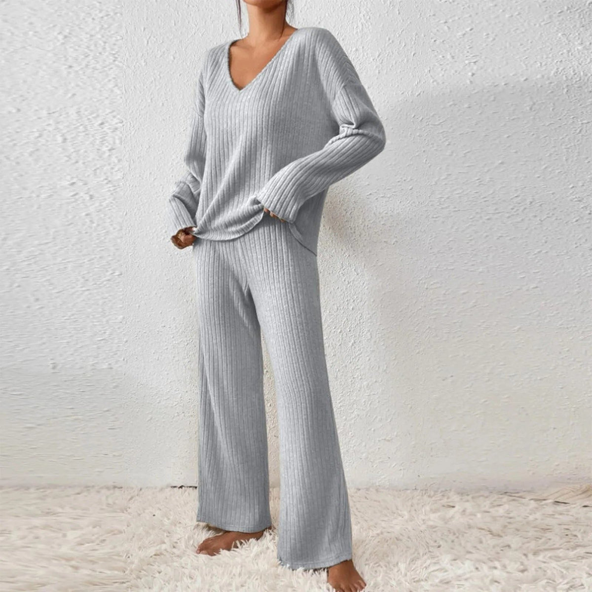 Isabeau | Ribbed Knit V-Neck Sweater Set with Long Sleeves for Women