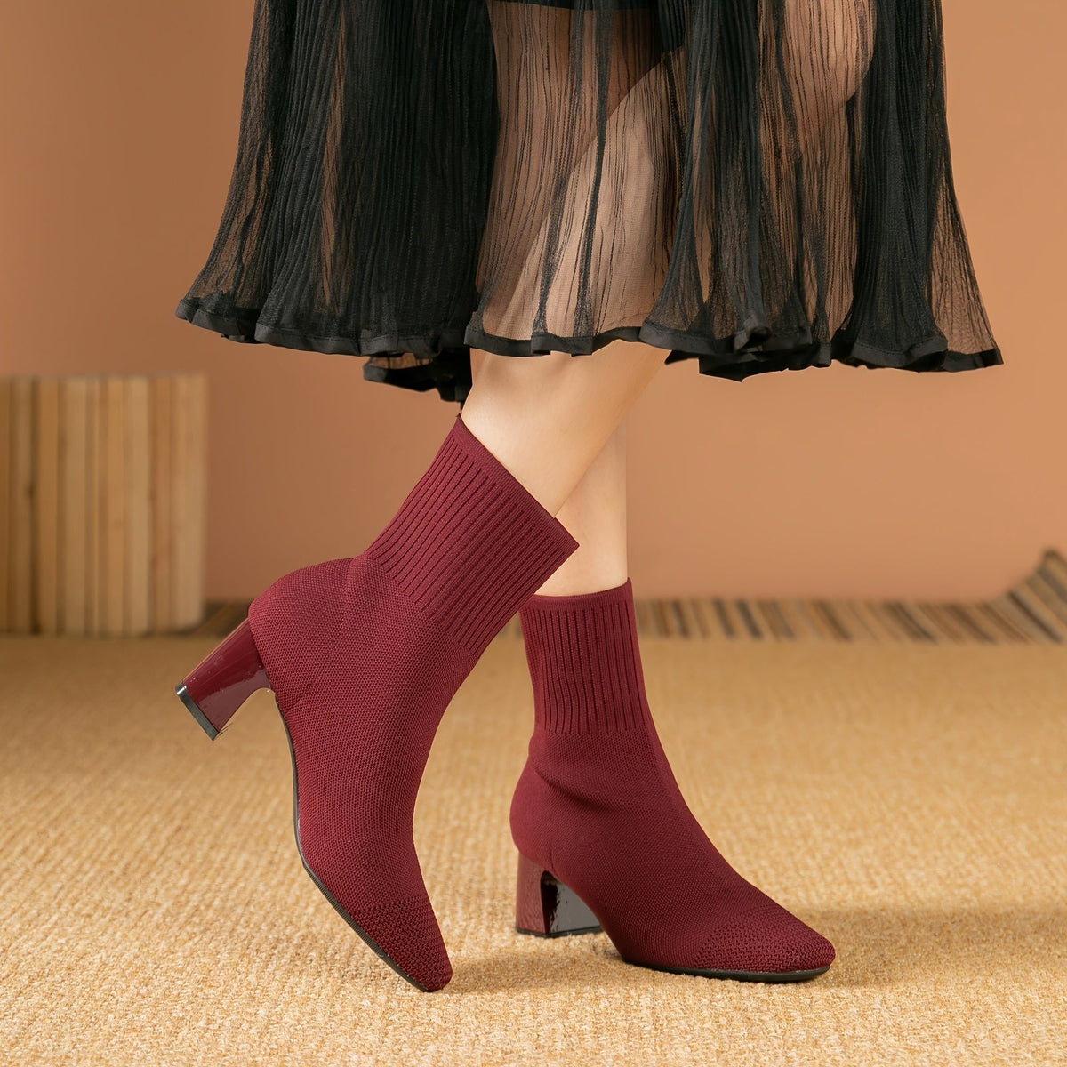 Kishori | Ribbed Knit Block Heel Ankle Boots for Women
