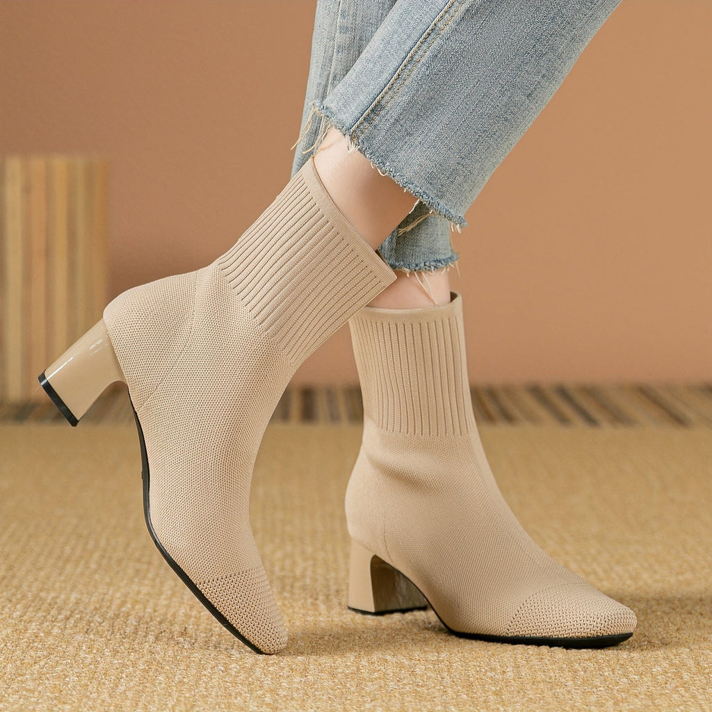 Kishori | Ribbed Knit Block Heel Ankle Boots for Women