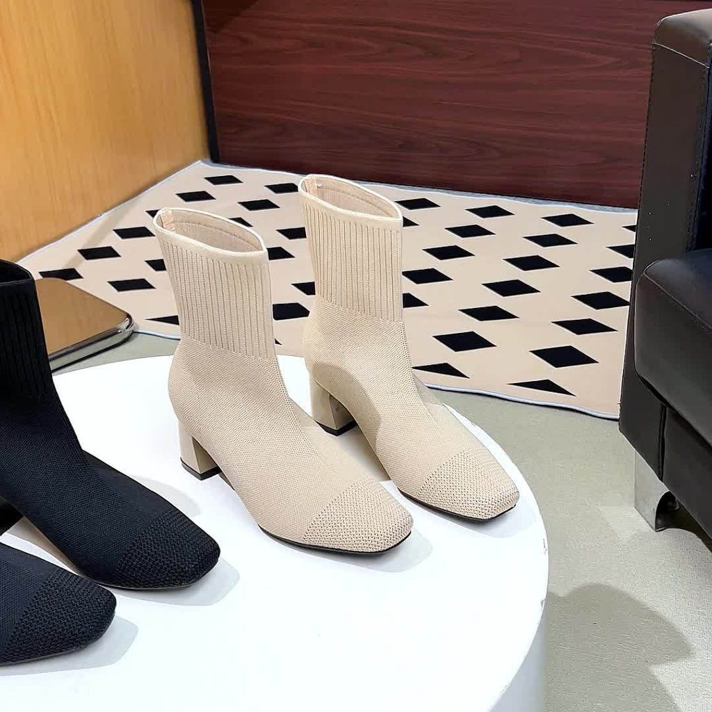 Kishori | Ribbed Knit Block Heel Ankle Boots for Women