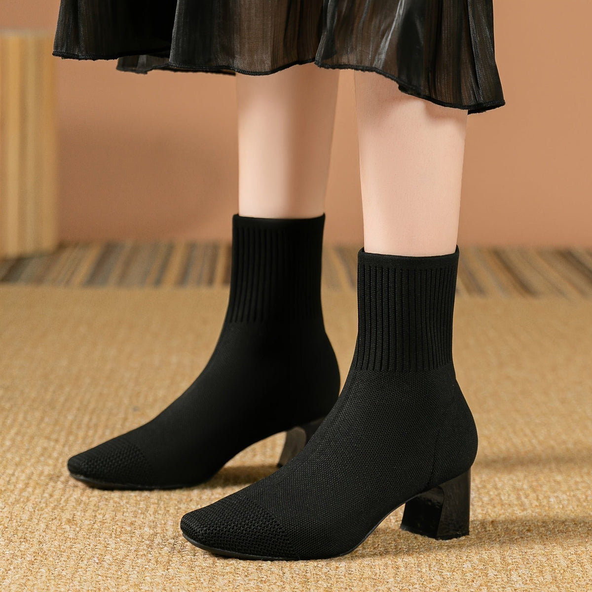 Kishori | Ribbed Knit Block Heel Ankle Boots for Women