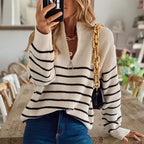 Luminitsa | Striped Ribbed Knit Half-Zip Sweater for Women