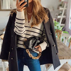 Luminitsa | Striped Ribbed Knit Half-Zip Sweater for Women
