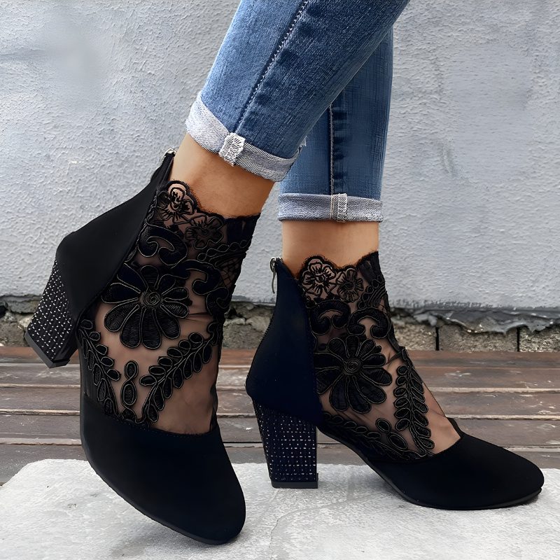 Madeleine | Floral Lace Block Heel Ankle Boots for Women