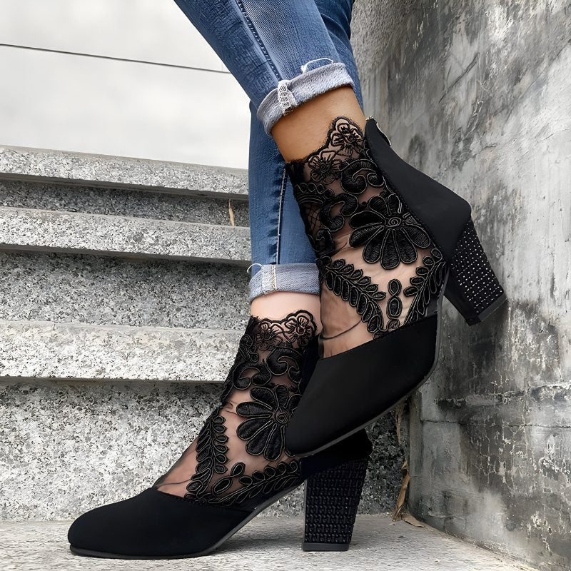 Madeleine | Floral Lace Block Heel Ankle Boots for Women