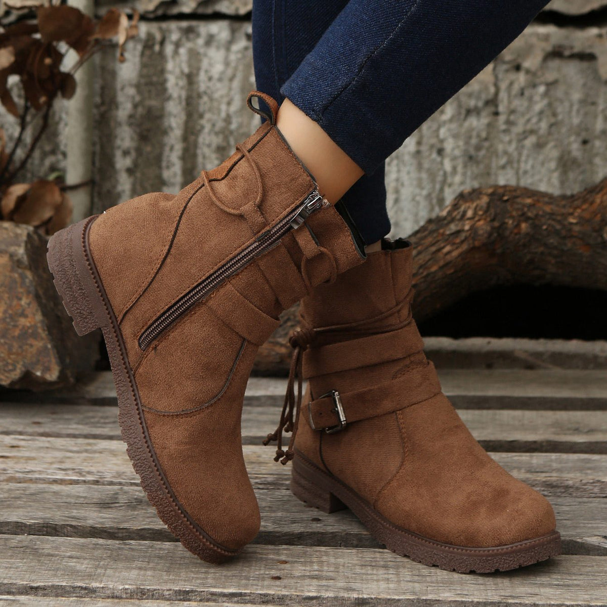 Mythili | Suede Ankle Boots with Side Zip and Buckle for Women
