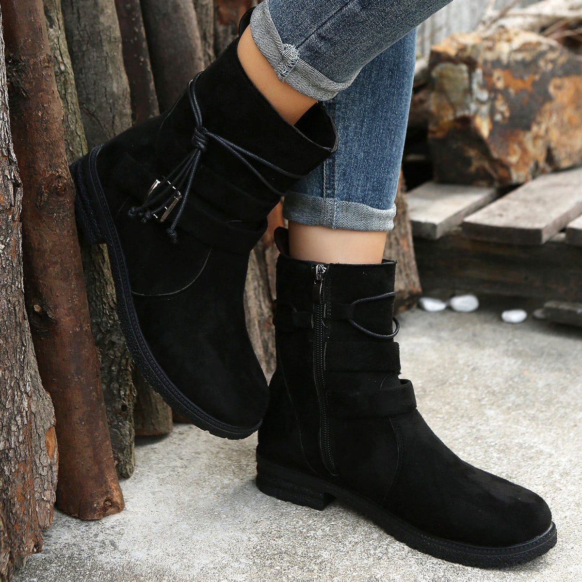 Mythili | Suede Ankle Boots with Side Zip and Buckle for Women