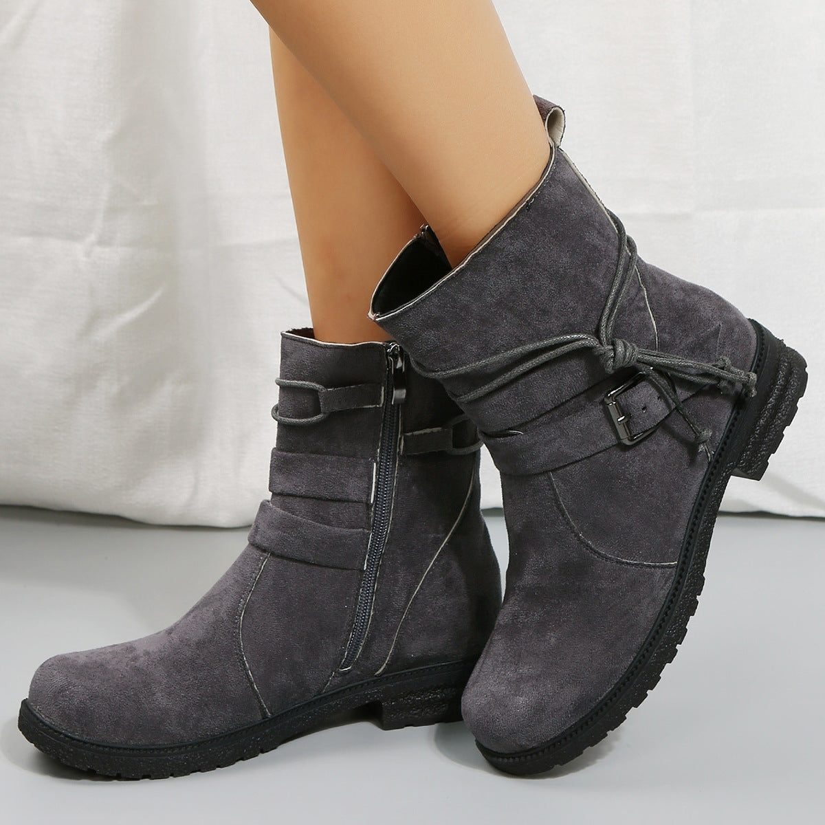 Mythili | Suede Ankle Boots with Side Zip and Buckle for Women