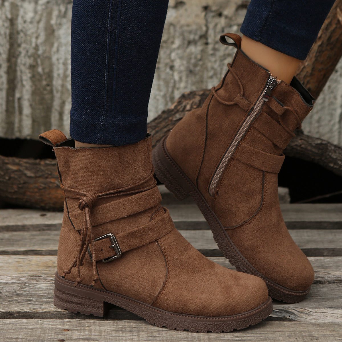 Mythili | Suede Ankle Boots with Side Zip and Buckle for Women