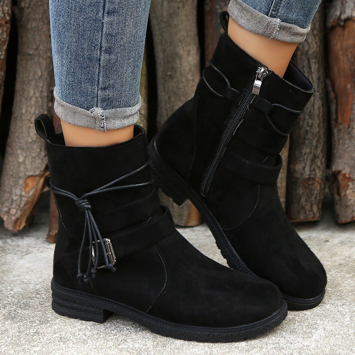 Mythili | Suede Ankle Boots with Side Zip and Buckle for Women