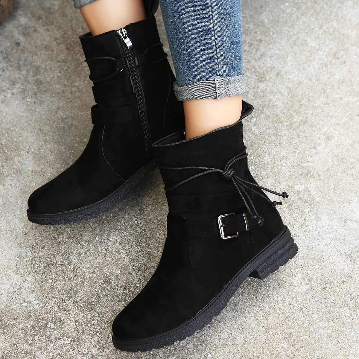 Mythili | Suede Ankle Boots with Side Zip and Buckle for Women