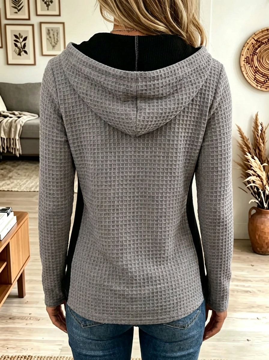 Women's Waffle Knit Colorblock Henley Hoodie