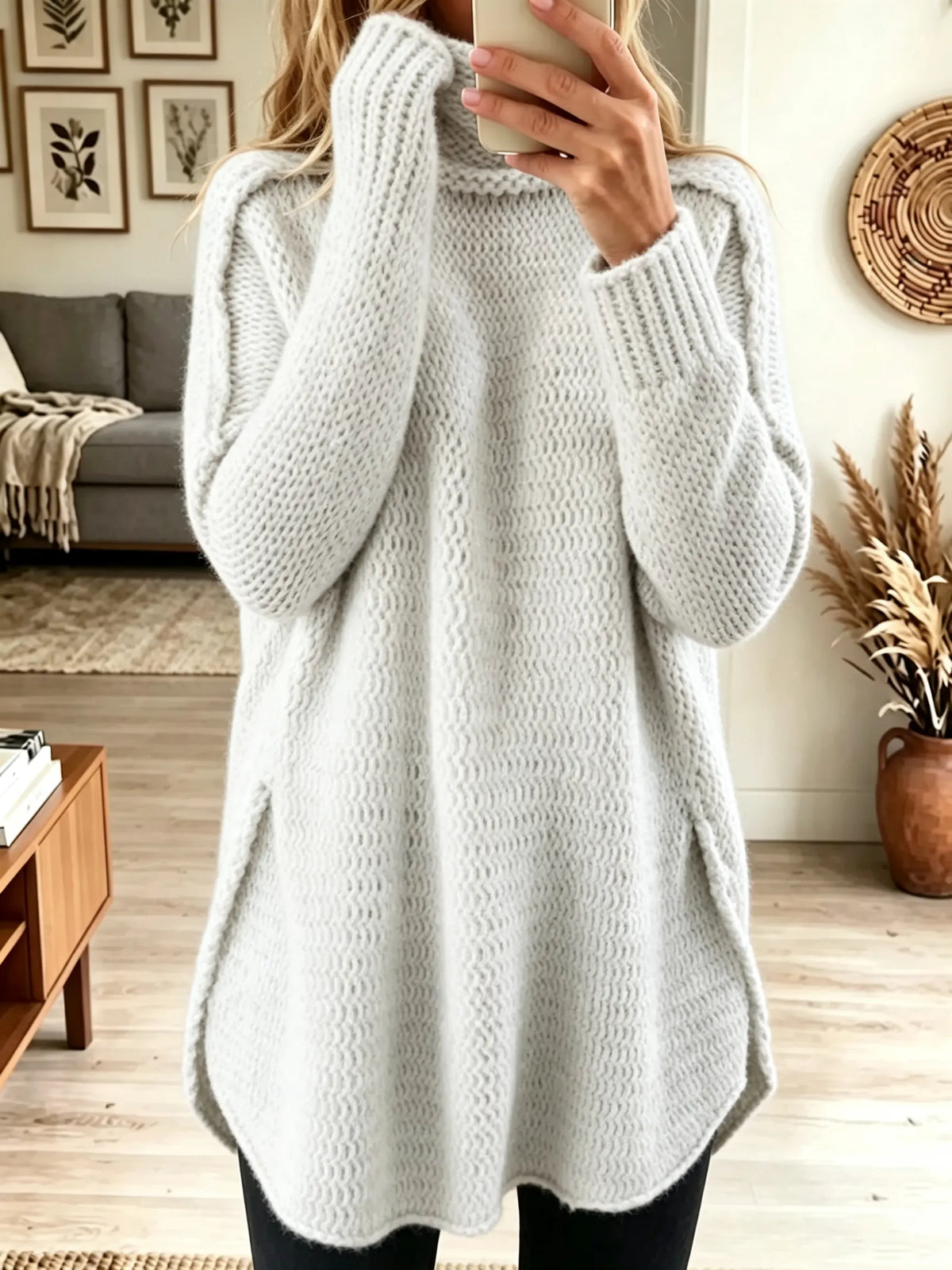 Women's Oversized Cable Knit Turtleneck Tunic Sweater
