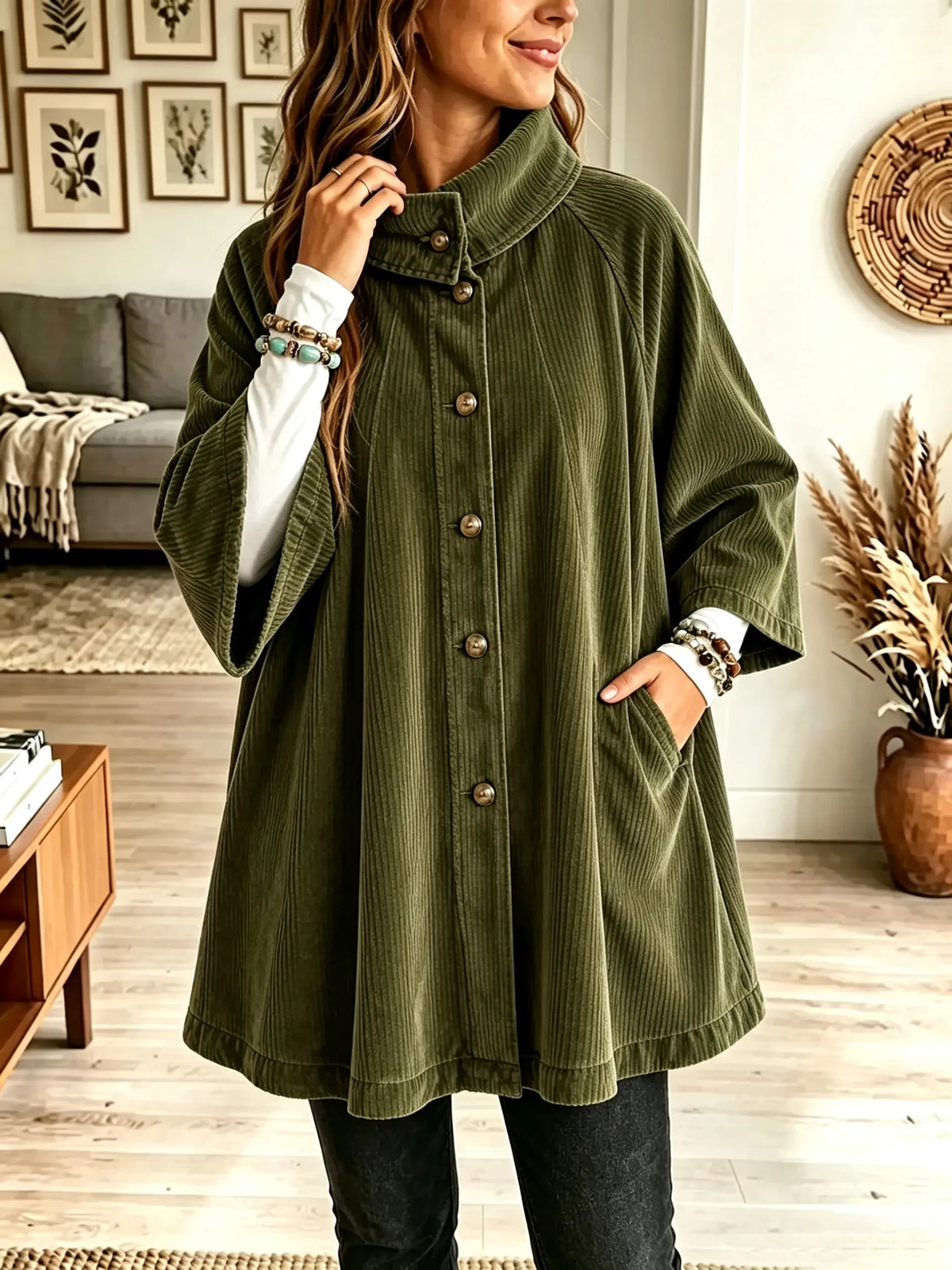 Women's Stand Collar Oversized Corduroy Poncho Coat