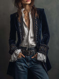Paola | Vintage Velvet Long Blazer with Embroidered Lapels for Women