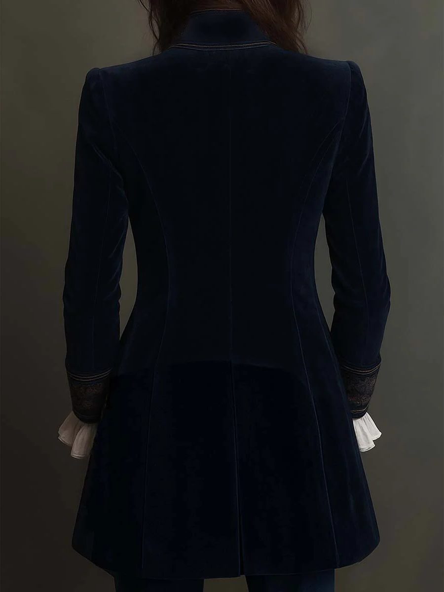 Paola | Vintage Velvet Long Blazer with Embroidered Lapels for Women