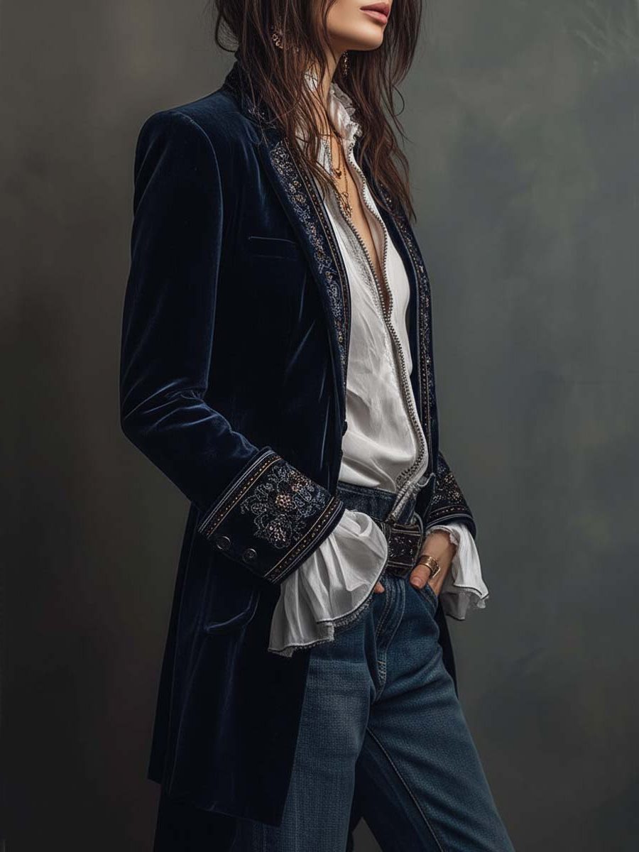 Paola | Vintage Velvet Long Blazer with Embroidered Lapels for Women